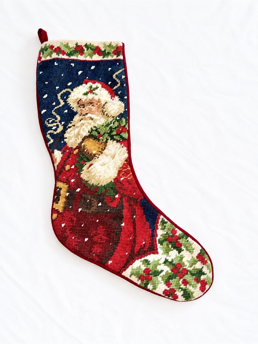 Old World Santa Needlepoint Christmas Stocking 18” Red Velvet Back